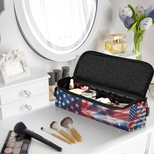 Bolsa de viaje para herramientas de cabello con tapete para planchas y secadoras, diseño de bandera americana teñida anudada en rojo, blanco y azul miniatura 7