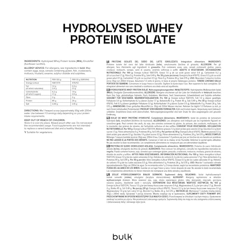 Bulk Hydrolysiertes Whey Protein Isolat, Protein Pulver, Eiweißpulver, Geschmacksneutral, 500 g, 16 Portionen, Verpackung Kann Variieren