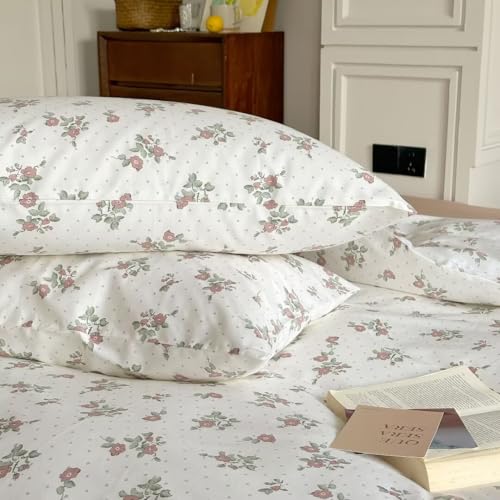 Image of MKXI Garden Floral Duvet Cover Peach Blossom Aesthetic Bedding White Print Duvet Cover Pink Floral Queen Size Cottagecore Soft Bedding 100% Cotton