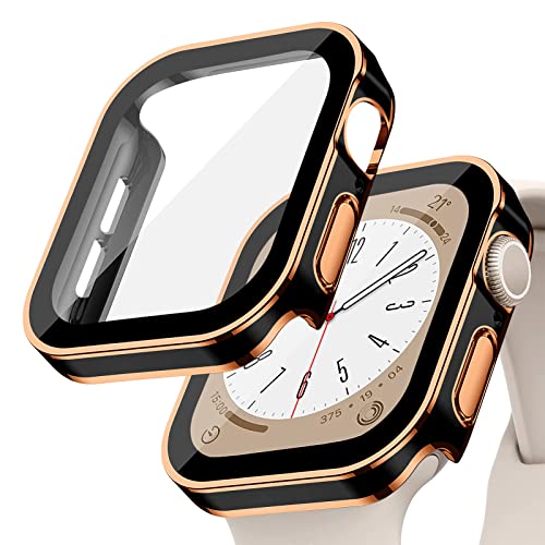EIHAIHIS Coque Rigide Étanche en PC pour Apple Watch 44mm, Protection Écran en Verre Trempé Intégrée, Case de Protection Anti-Rayures HD Full Cover pour iWatch Series 6 5 4 SE, Noir et Or Rose 44mm