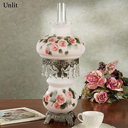 Touch Of Class Adelaide Hurricane Table Lamp - Vintage Traditional Parlor Style - Handpainted Pink Roses Design - Scalloped Glass Shade - Faux Crystal Beads - Victorian Bedroom Decor - 24 Inches High #TOP6