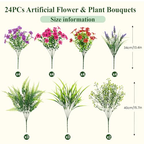 Alupssuc 24 Bundles Artificial Flowers Outdoor, Uv Resistant Eucalyptus Violets And Lavender Silk Fake Flowers And Plants, For Home Garden Porch Window Wedding Decorations, Red Rose Purple - 2