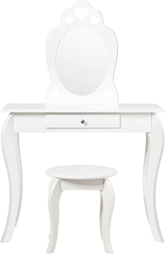 Miniatura 9 de HONEY JOY Juego de tocador para niños con espejo, mesa de tocador de madera con taburete y cajón, parte superior extraíble, juego de tocador de