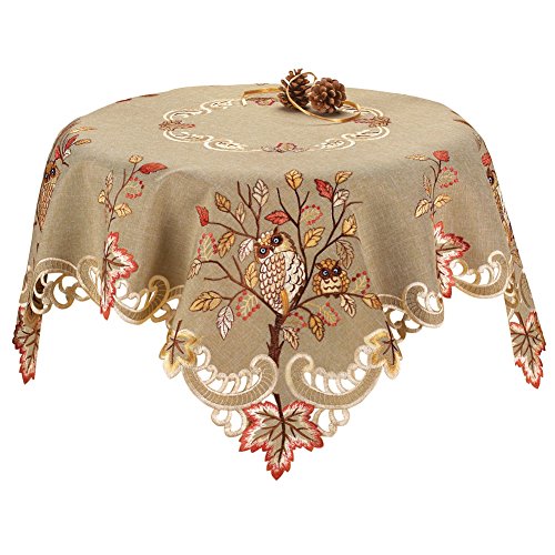 Embroidered Owls Table Linens, Tan, Square