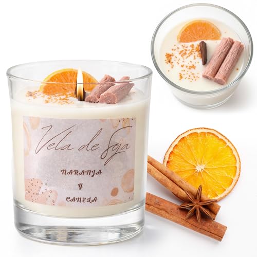 VICEMA Vela Aromática Perfumada, con Cera de Soja Ecológica, Aromaterapia y Decorativa, Fabricación Artesanal en España, en Vaso de Cristal. Aroma a Naranja-canela. Duración + de 30 horas