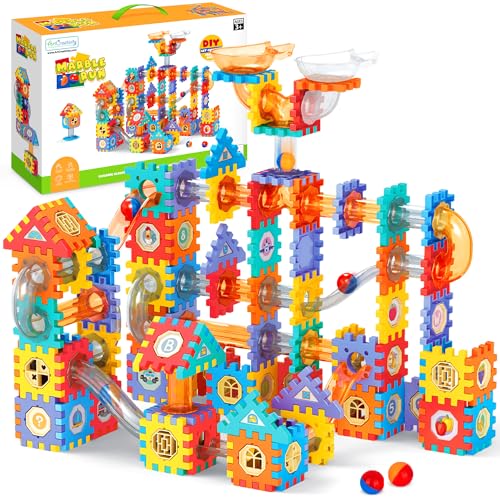 ArtCreativity Kids Marble Run Set - 246 PCS Marble Race Track with Interlocking Building Blocks - Construction Building Toy Marble Run with Waffle Blocks and Stickers- STEM Gifts for Boys and Girls