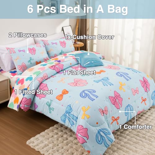 Image of A Nice Night Full Size Bed in A Bag Bow Comforter Set for Kids,Quilt Bedding Set with Bowknot & Chic Polka Dot Pattern,Blue Background Room Decor for Girls