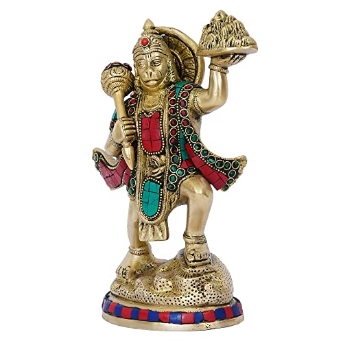 Image of eCraftIndia Golden and Colorful Stone Work Handcrafted Brass Lord Hanuman Statue Carrying Sanjeevani Mountain - Religious God Idol for Home, Office, Temple - Gift for Hanuman Jayanti Festival