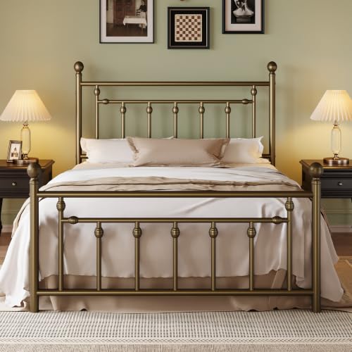 Image of SHA CERLIN 51 inch Queen Size Metal Bed Frame, Vintage Headboard,Antique Bronze