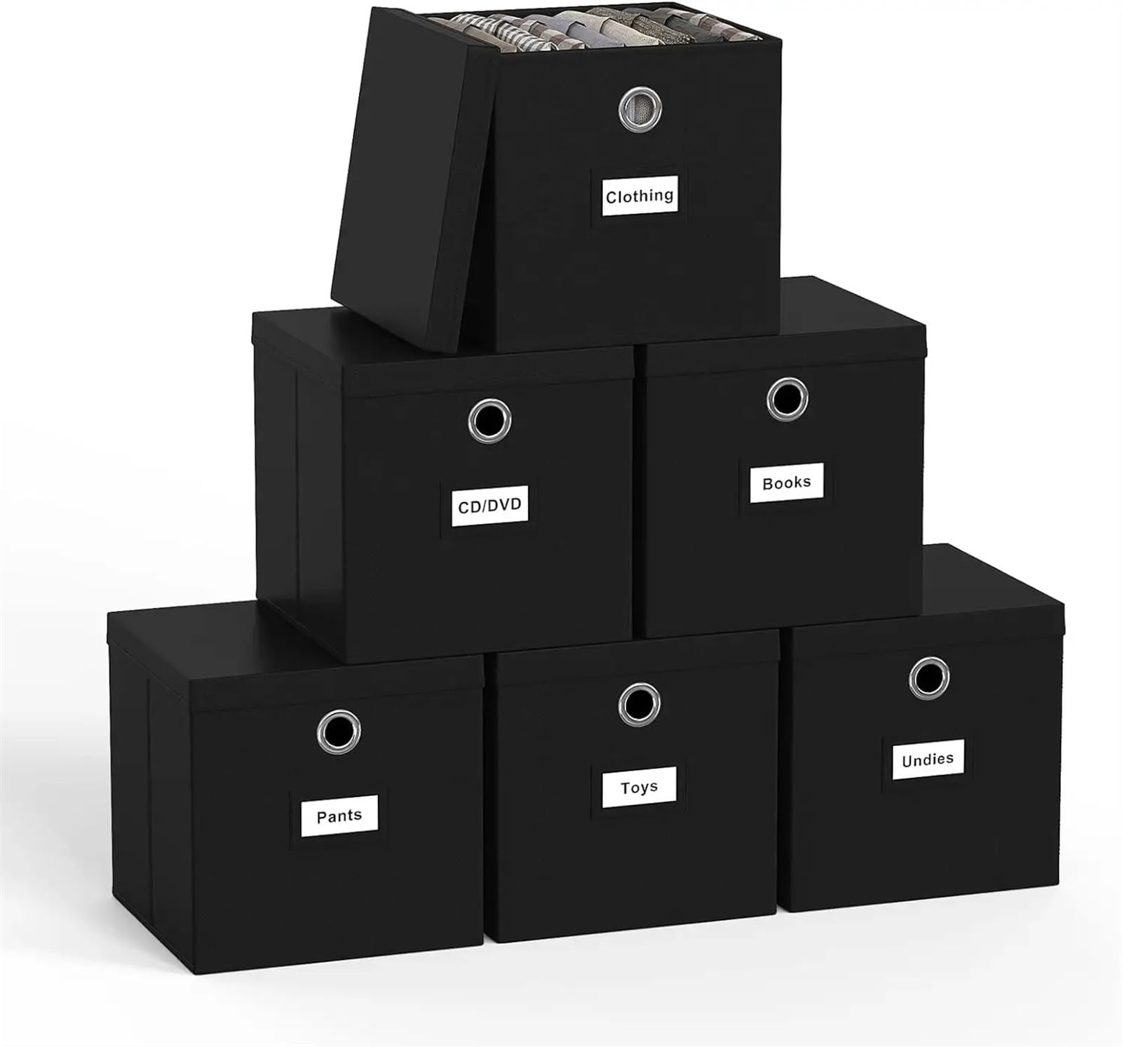 YONMLEDO Fabric Storage Boxes With Lids 6 Pack Foldable Storage Cubes with Lid and Metal Eyelet Handle Fabric Storage Bins 11 x 11 x 11 inch Collapsible(Black Set Of 6)