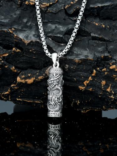 Urn Necklace for Men 925 Sterling Silver Bar Cylinder Dragon/Eagle/Wolf Cremation Necklace Keepsake Pendant Memorial Jewelry Christmas Gifts for Men4