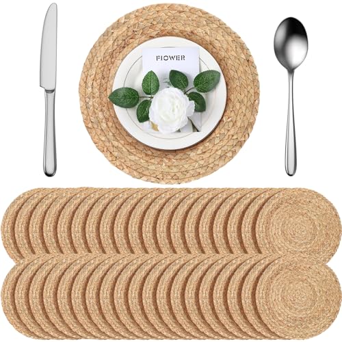 Image of FoldTier 40 Pcs Round Placemats Bulk Plate Chargers Set 11.8 Inch Woven Placemat Rustic Braided Straw Rattan Charger Natural Water Hyacinth Place Mat for Wedding Party Table Single Tableware Use