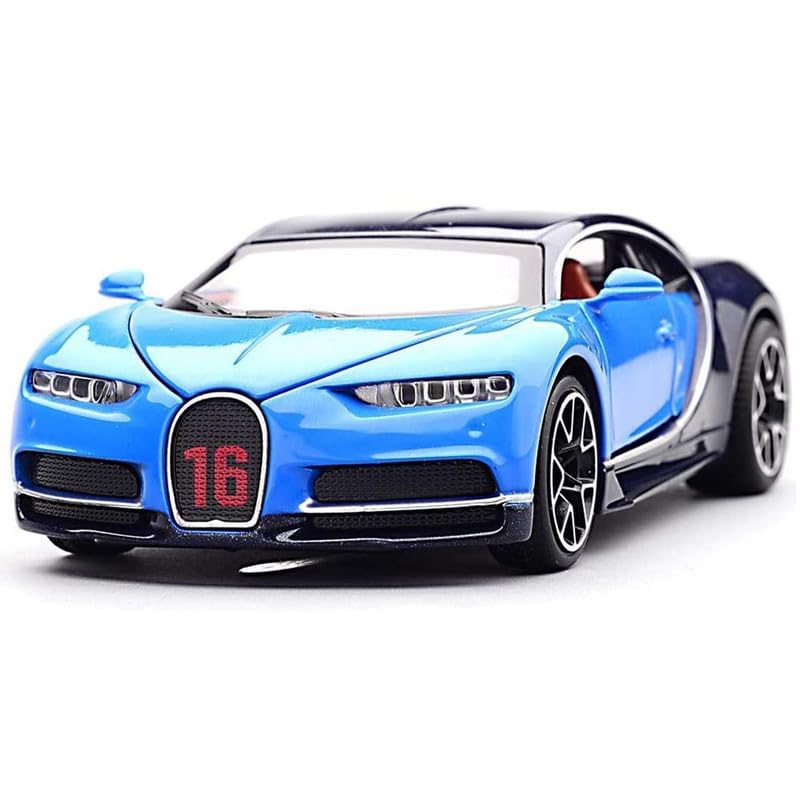 Image of Kids Model 1:32 Bugatti Chiron Die Cast Metal Car Pull Back Action Opening Doors with Realistic Engine Sound Lights Toy Car Gift for Boys - Blue