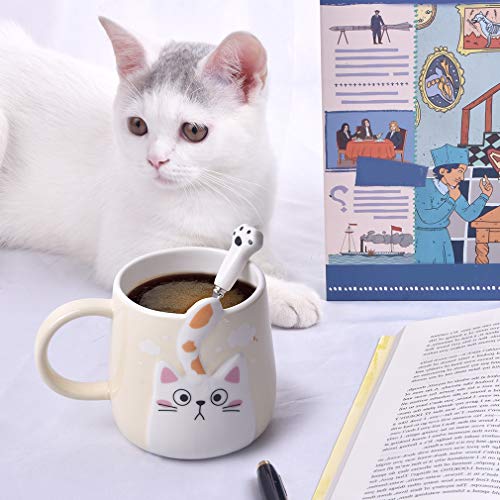 Notrefly Cat Mug And Spoon Cute Ceramic Cat Coffee Mug, Novelty Cat Tea Cup For Crazy Cat Lady Lovers Women Boy And Girls,Beige #TOP2