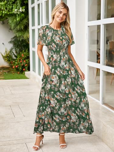 Image of Simplee Womens Casual Floral Summer Maxi Dress 2026 Boho Flowy Short Sleeve Crew Neck Vacation Smocked Chiffon Dresses