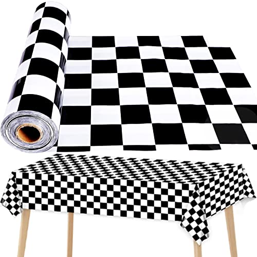 Black and White Checkered Tablecloth Roll 52 in x 100 Ft Black Checkered Party Supplies Race Car Party Tablecloth for Indoor Outdoor Family Banquet Picnic Camping Parties Celebrations (Plastic