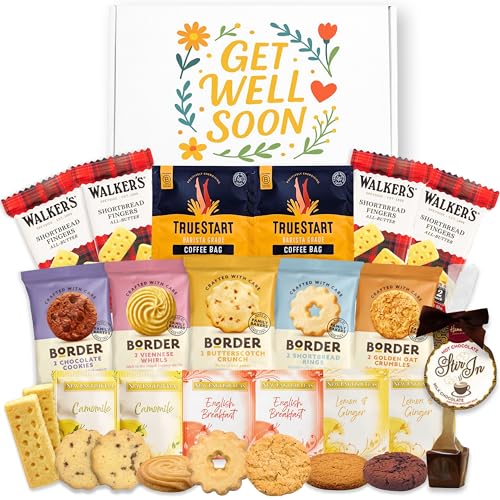 Get Well Soon Hamper Bundle With Herbal Teas x4 TrueStart Coffee Bags x2 English Breakfast Tea x2 Individually Wrapped Border Biscuits x5 Hot Chocolate Stirrer and Walkers Shortbread x4