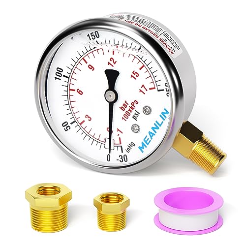 Image of MEANLIN MEASURE -30inHG~250Psi Stainless Steel 1 /4 inch NPT 2.5 inch FACE DIAL Vacuum Pressure Gauge, Lower Mount, with 1 /2 inch NPT and 3 /8 inch NPT Hex Bushing