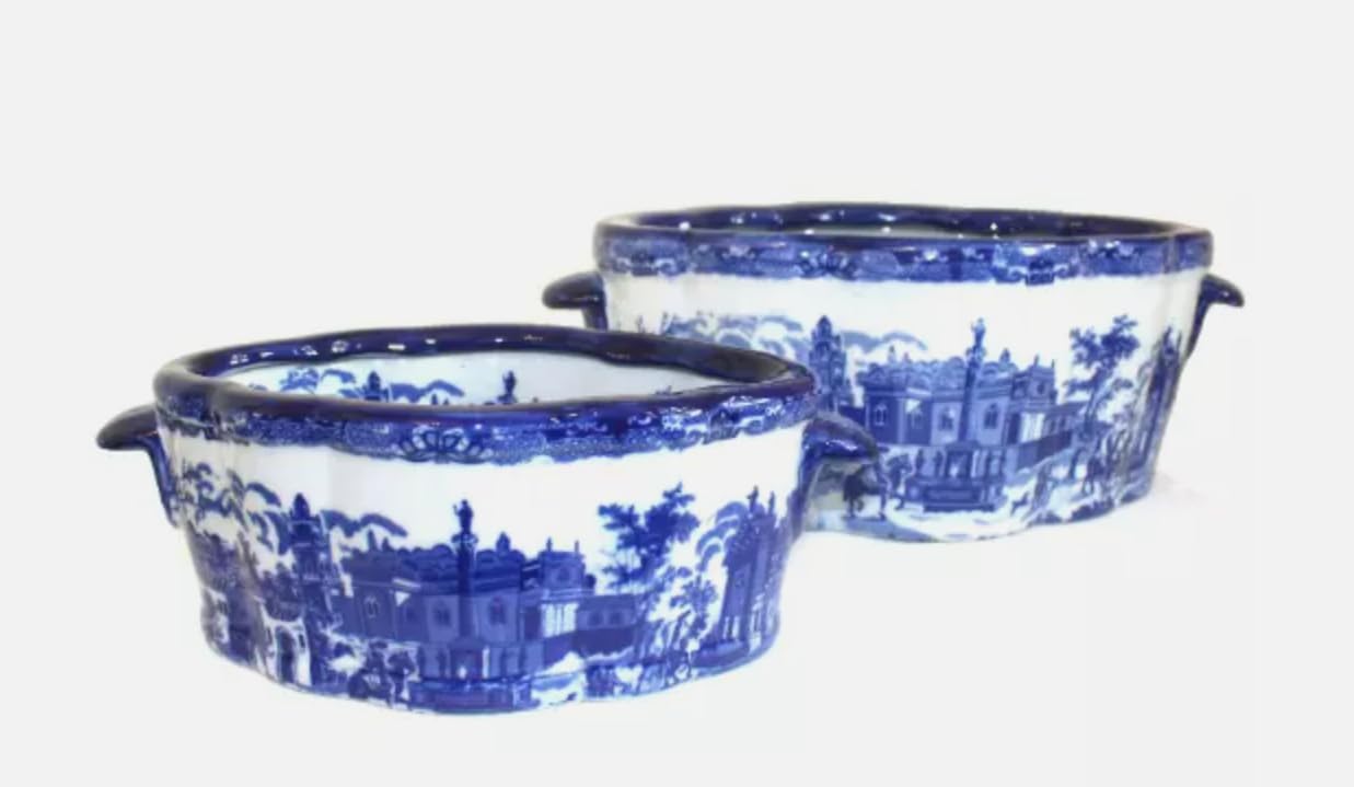 Set of 2 Victorian Blue and White antique style ceramic flower pots