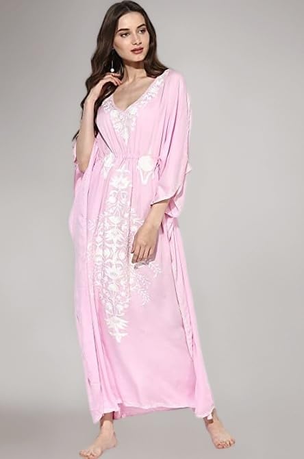 Women's Boho Embroidered Pink Kaftan (Size-XL)