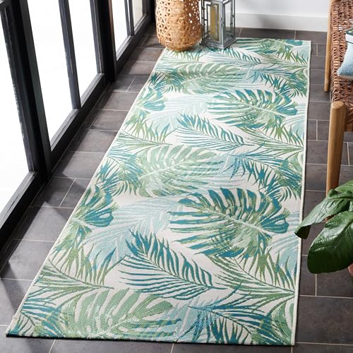 Image of SAFAVIEH Washable Rug Outdoor Barbados Collection - 2'8 inch x 10'5 inch, Green & Teal, Non-Shedding & Easy to Clean, Ideal for Patio, Backyard, Mudroom (BAR592X)