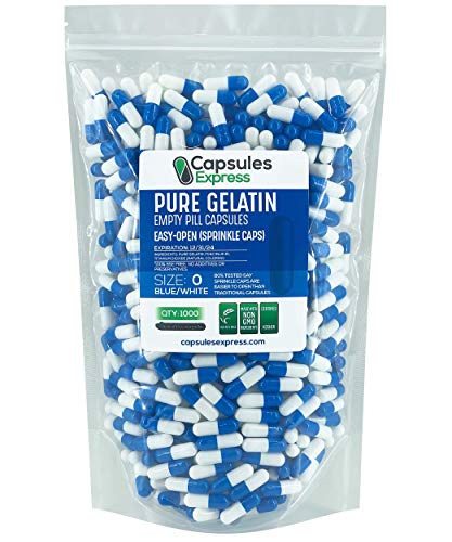 Capsules Express- Size 0 Blue and White Empty Gelatin Capsules - Easy Open Sprinkle Caps - Kosher Certified - Pure Gelatin Pill Capsule - DIY Powder Filling (1000)