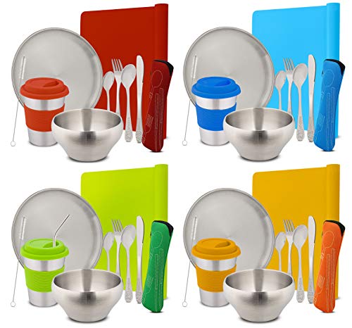 10 Piece Children Dinnerware Set Hight Quality 304 Stainless Steel Eco Friendly Kids Toddler Tableware Bowl Plate Cup with Straw and Utensil Set with Silicone Placemat 4 Person Set Assorted Colors