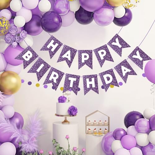 Image of Hooqict Purple Happy Birthday Banner Garland Sign for Backdrop Women Girls Purple Birthday Party Decorations Supplies Wall Door Party Banner