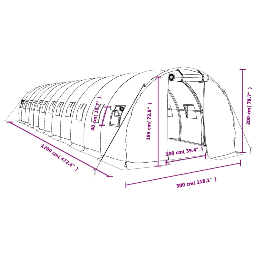 Invernadero con estructura de acero blanco, 36 m², 12 x 3 x 2 m, PE 140 g/m², túnel de aluminio, protección de plantas, para tomate, verduras, hierbas, jardín y terraza