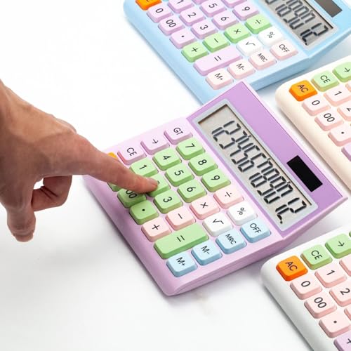 Image of Colorful Candy Mechanical Calculator - Cute 12 Digit Large LCD Display, Big Round Button, Easy to Press - for School, Office, Business, Home - Automatic Sleep (Multi-Color) (Design-8)