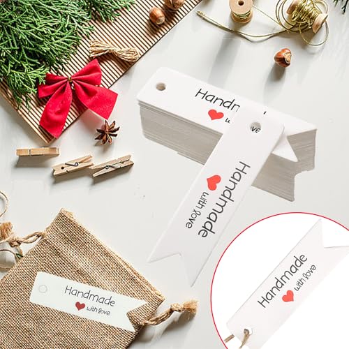 100 Stück Geschenkanhänger Handmade with Love Anhänger Kraftpapier, Handmade Label mit Jutekordel 20 Meter, Dekorative Hängeetiketten für Weihnachten Hochzeit Geburtstag Ostern Valentinsta Geschenke