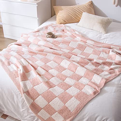 Searoomy Throw Blanket Checkerboard Lightweight Blanket Ultra Soft Cozy Plaid Fuzzy Blankets Reversible Checkered Blanket For Couch Bed Decor Gift Idea(Light Pink, 51×63In) #TOP3