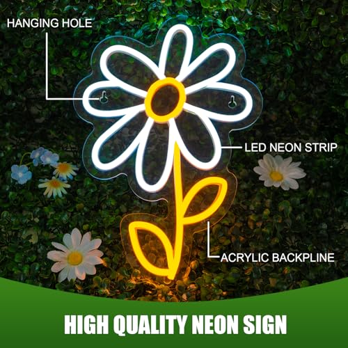 Image of ineonlife Daisy Flower Neon Sign White Gold LED Neon Lights Boho Decor for Bedroom Wall Decor Led Sign Light Up for Room Decor Party Bedroom Classroom Wall Hanging Decoration Gifts