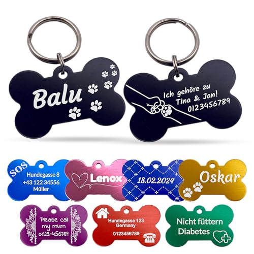 Unikat Branding | Erkennungsmarken im Singlepack | Hund, Katze und Herrchen | Hundemarke personalisiert | Beidseitig mit Gravur | Knochen | 38 mm (Blau)