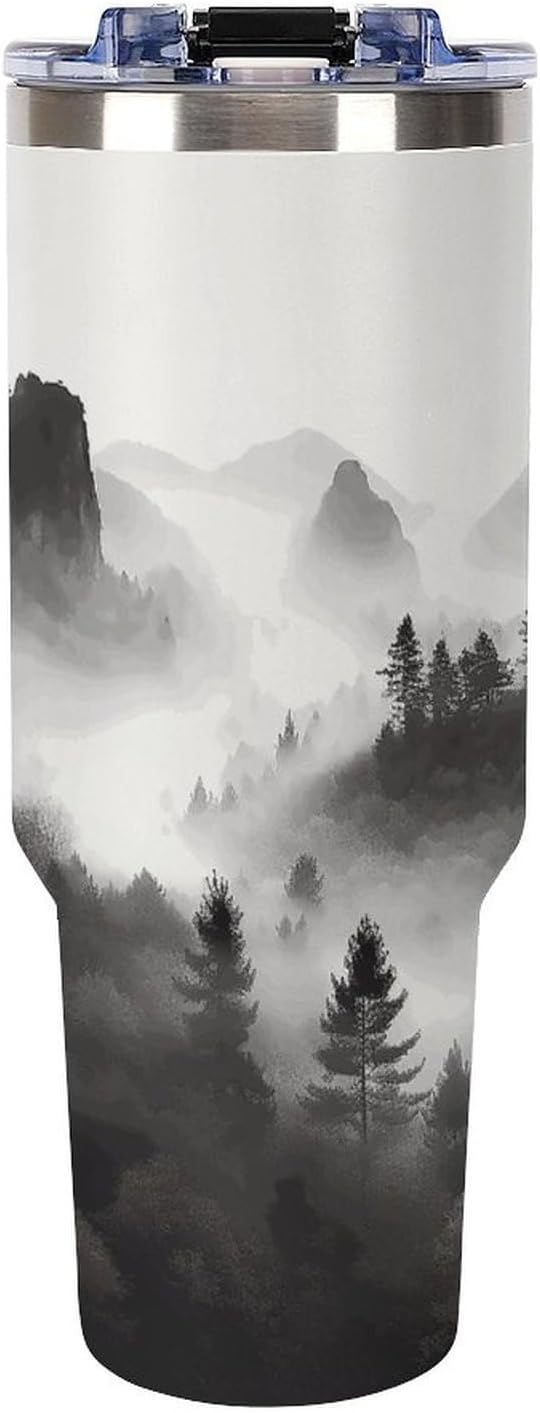 Foggy Mountains Forest Travel Coffee Mug Reusable Durable Stainless Steel Insulated Tumbler with Handle And Straw Leak Resistant Portable Thermal Cup Gifts for Men Women 40 Oz