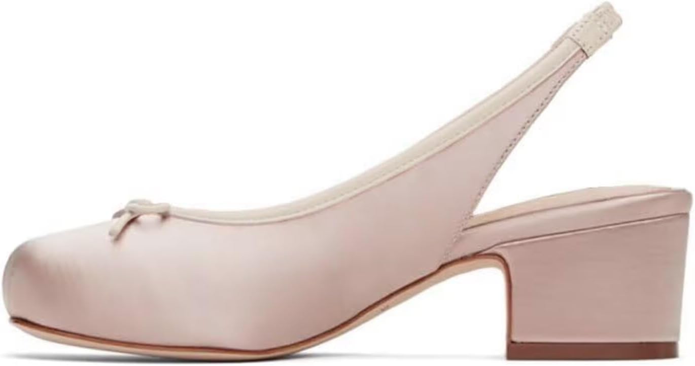 Agodor Slingback Heels for Women Ruched Satin Ballet Mary Jane Shoes with Bow Square Toe Ballerina Pumps Low Chunky Block Heels Elastic Rear Strap Comfortable Dress Ballet Shoes