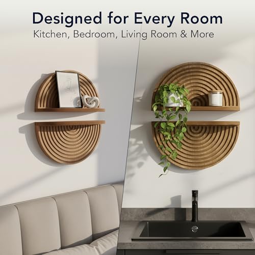 Image of American Art Decor Brown Boho Arched Lunar Ledges Wall Shelf, Wood 2 Piece Floating Bookshelf for Wall, Modular Arch Display Shelf for Bedroom Bathroom Kitchen Living Room Decor, 6.62 inch H x 11.75 inch L