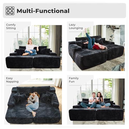 Image of HOOOWOOO Chaise Lounging Sleeping Sofa, 81x67 Assembly Free Modern Minimalist Sofa, Extra Deep Large Sofa Set, Free Standing Floor Couch in A Box for Living Room (Black Velvet Upholstered)