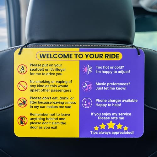 NIVRANA Rideshare Car Sign 2-Pack – Friendly Passenger Rules for Uber, Lyft & Taxi Drivers, Seatbelt, No Smoking, No Food, Phone Charger, Rating & Tip Reminder, Rideshare Driver Accessory