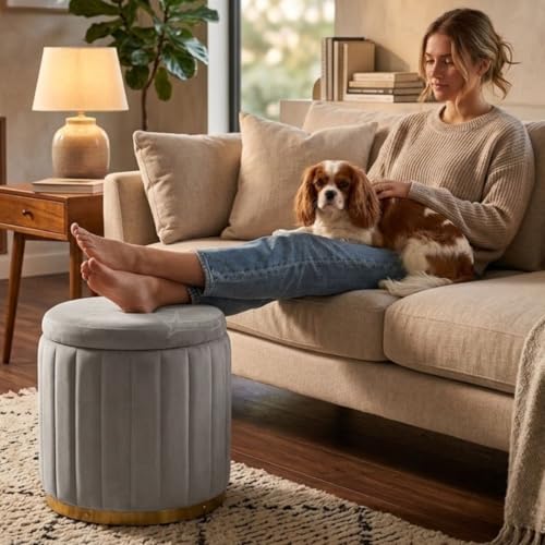 Image of Superior Round Storage Ottoman Stool 13 X 13X 16 inch, with Gold Metal Base | Elegant Pouffe with Secret Storage | Cushioned Footrest for Living Room, Bedroom, and Lounge Grey