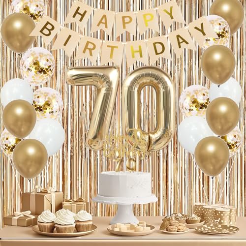 Image of Trgowaul 70th Birthday Decorations for Women, Banner, Sash and Crown, Cake Topper, 70 Number Balloon, Fringe Curtains, Champagne Gold 70th Birthday Party Supplies