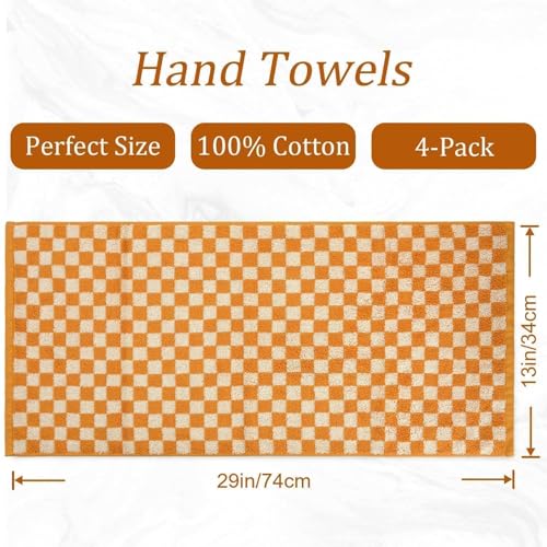 Image of Jacquotha Soft Hand Towels 4 Pack, Orange Checkered Kitchen Towels Set | Decorative Bathroom Fall Decor 13x29 Inches