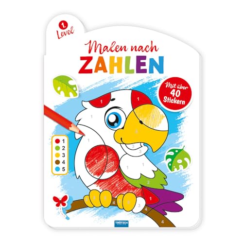 TRÖTSCH - Malen nach Zahlen - Level 1 | Malen nach Zahlen Malbuch zum Zahlenlernen mit nummerierten Flächen: Ausmalbuch mit Stickern zum Verschönern der Tiermotive | Ab 3 Jahren