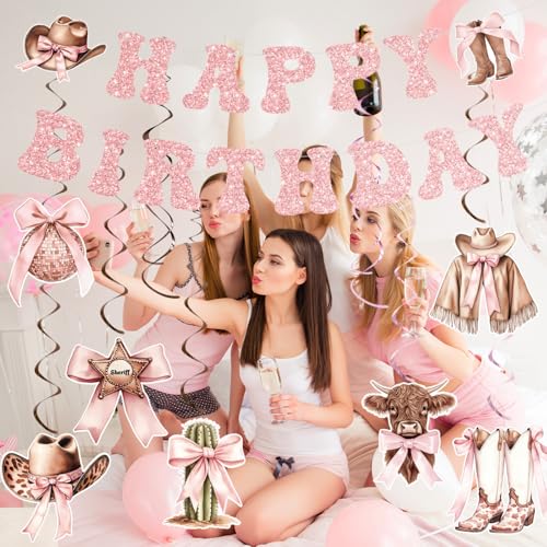 Image of Yunlly Cowgirl Birthday Party Decorations Pink Bow Happy Birthday Banner Western Hanging Coquette Swirls Disco Balloon Rodeo Bachelorette Decor Supplies for Women Baby Shower Birthady Party Favors