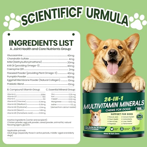 24-in-1 Dog Vitamins and Supplements, Dog Multivitamin Chewable for All Dog | Chondroitin Probiotics Omega-3 Glucosamine for Skin Coat Hip Joint Heart Gut Liver Brain Eye Immune Health, 90 Chews Chicken - Image 6