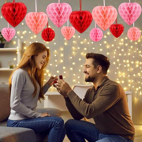 Image of BOARDFEB Valentine's Day Decorations, Engagement Party Decor, Heart Honeycomb Balls Hanging Decorations Pink, Light Pink and Red, Premium Reusable Romantic Proposal Wedding Party Decoration