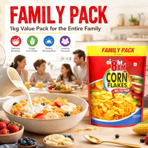 Image of 8AM Corn Flakes Family Pack 1kg, 92% Corn, 99% Fat Free, No Cholesterol, Trans Fat, Vitamin B3 & Iron, Crunchy & Nutritious Whole Grain Breakfast Cereal
