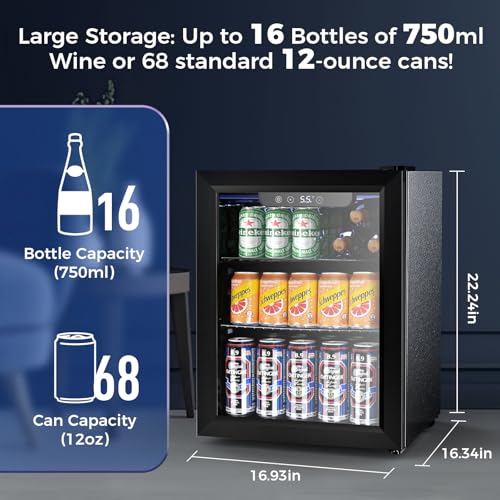 68 Cans Beverage Refrigerator Cooler, 1.7 cu.ft Mini Fridge Glass Door Drink Cooler for Beer, Soda,Wine, Digital Temperature Control for Home Office Bar