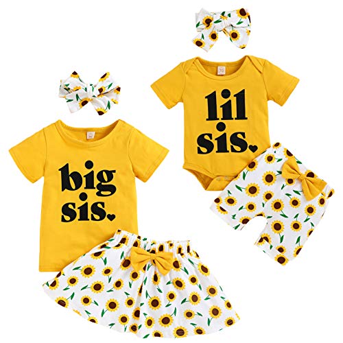 GRNSHTS Baby Girl Sister Matching Outfits Infant Little Sister Short Sleeve Romper+Sunflower Shorts+Headband 3Pcs Clothes (Little Sister-B, 6-12 Months)