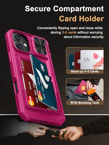 Image of Vihibii PC,Silicone For iPhone 16 Plus Case Wallet With Card Holder(4 Cards)[RFID Blocking] & Slide Camera Cover & Raised Edges Protect Screen,Shockproof Rugged Phone 5G 6.7 inch 2024,Pink